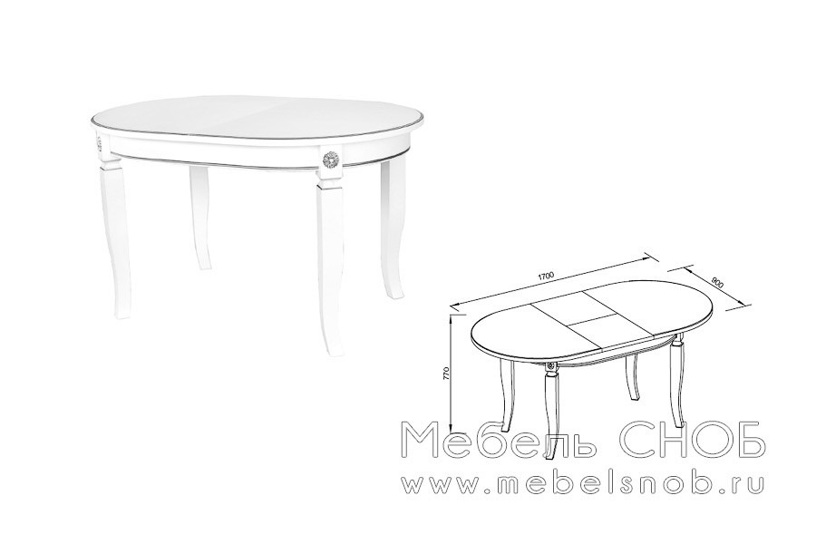 Овальный стол Афина аргенто 1300х900 мм, массив бука, столешница - шпон ясеня, центральное раздвижение 400 мм, цвет белый с серебряной патиной